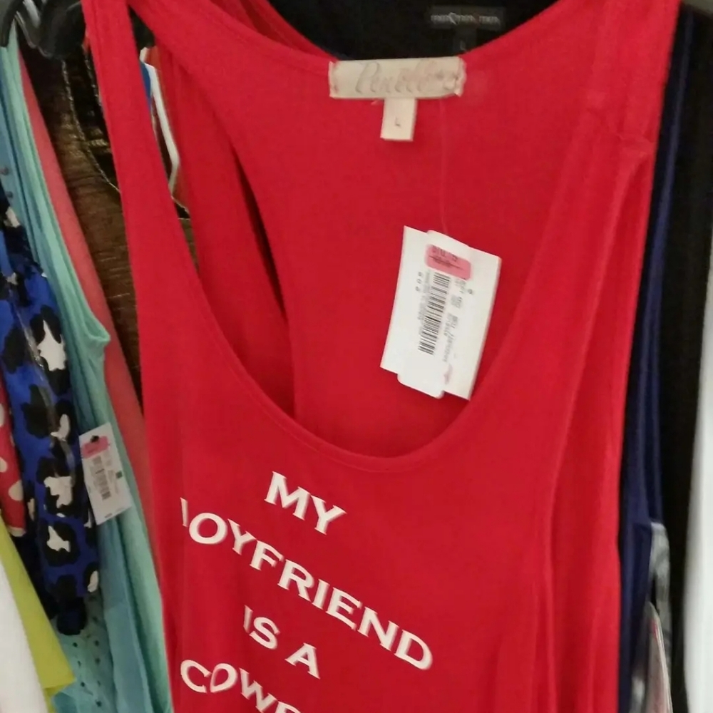 " MY BOYFRIEND IS A COWBOY " tank top shirt. Red